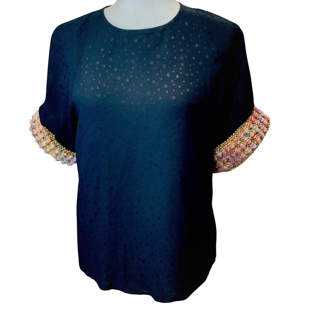 KOCH Star Jacquard Top Women XS Black Beaded Cuff Celestial Whimsygoth Blouse